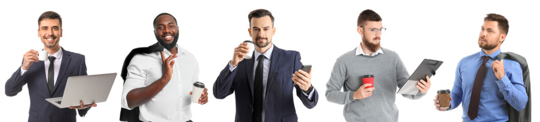 Wall Mural - Collage of businessmen with cups of aromatic coffee on white background
