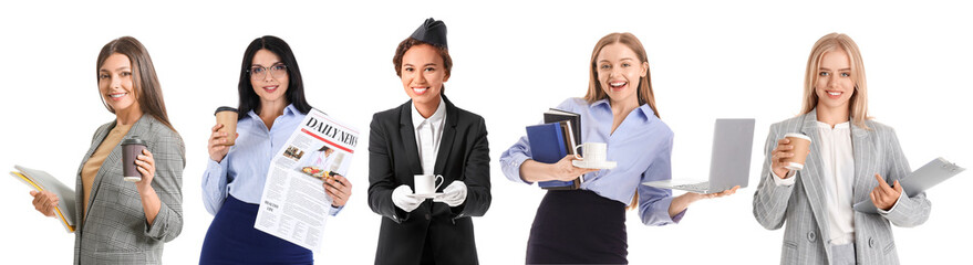 Wall Mural - Collage of businesswomen with cups of aromatic coffee on white background