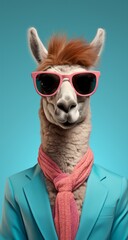 This playful and comical llama, sporting a furry blue scarf and a pair of stylish sunglasses, brings a lighthearted sense of fun to any scene