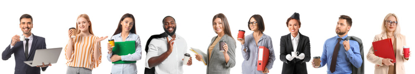 Wall Mural - Collage of business people with cups of aromatic coffee on white background
