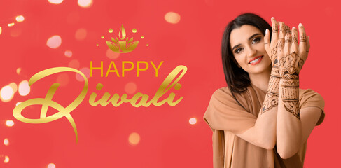 Wall Mural - Long banner for Happy Diwali with Indian woman