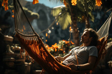 A Person Rests On A Hammock Suspended Between Palm Trees, Savoring The Gentle Breeze And The Lulling Sensation Of Being Cradled. Generative Ai.