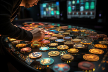 Poster - a close-up of a person's hand selecting a cryptocurrency to trade on a digital exchange, highlightin