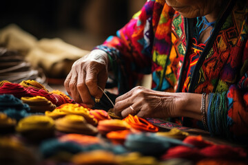 Sticker - A close-up of a person's hand crafting intricate Mayan textiles in Guatemala, showcasing the ancestral craftsmanship of the region. Generative Ai.