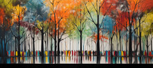 Colorful And Diverse Group Of Trees With Different And Unrecognizable People In A Forest Full Of Color In A Panoramic Shot With A Wide Angle Of View. Concept: Dancing In Harmony With Trees.