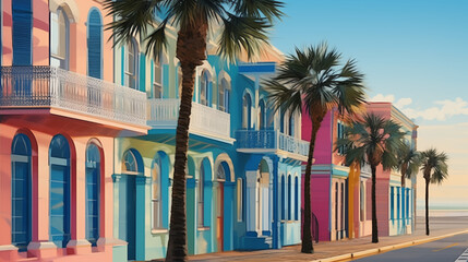 Coastal homes - I.lustration - vibrant hues - dreamy - ethereal cool - palm trees - vacation home - getaway - holiday - inspired by beach houses of coastal South Carolina 