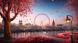 Fototapeta Londyn - London eye in Valentine Festival background decorate by rose in paper art and craft design concept. Created using generative AI.