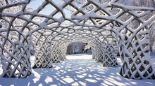 Snow Highlighting The Geometric Patterns Of A Garden Trellis,