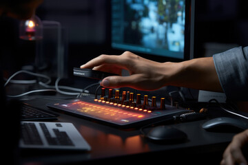 Poster - a close-up of a person's hand turning off unused electronic devices, reducing 