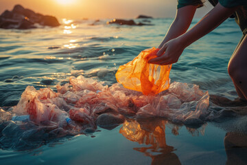 Canvas Print - A person's hand collecting plastic waste on a polluted beach, illustrating ocean pollution. Generative Ai.