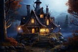 Fototapeta Sport - Creepy witch house with pumpkin elements 3d rendering
