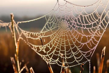 intricate patterns of a spiders web covered in morning dew