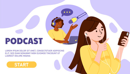 Poster - Woman listen podcast concept. Young grl with smartphone or player and headphones. Interesting topic, content and useful information. Landng page design. Cartoon flat vector illustration