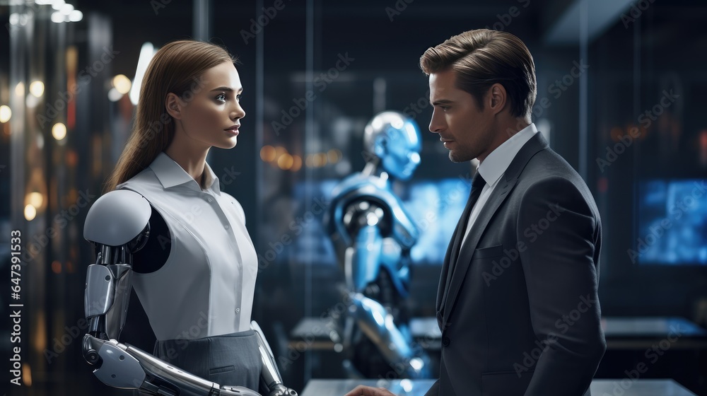 humanoid robot and a human collaboratively working on a complex task, symbolizing the advancement of artificial intelligence and its potential to augment human abilities.