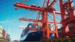 © MBRAMO - Container Loading process on cargo ship with ship crane, bright blue sky background