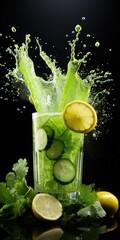 Wall Mural - splash of green apple juice with lemon, close-up, juice in glass. Generative AI