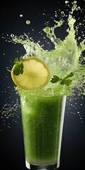 Wall Mural - splash of green apple juice with lemon, close-up, juice in glass. Generative AI