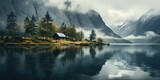 Fototapeta Natura - lake houses, scandinavian style. Minimalism. Image for poster. Generative AI