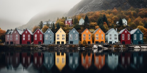 Yellow, red houses by the lake, Scandinavian style. Image for poster. Generative AI