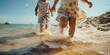 © 22_monkeyzzz - happy little children running along the beach on sunny day. Generative AI