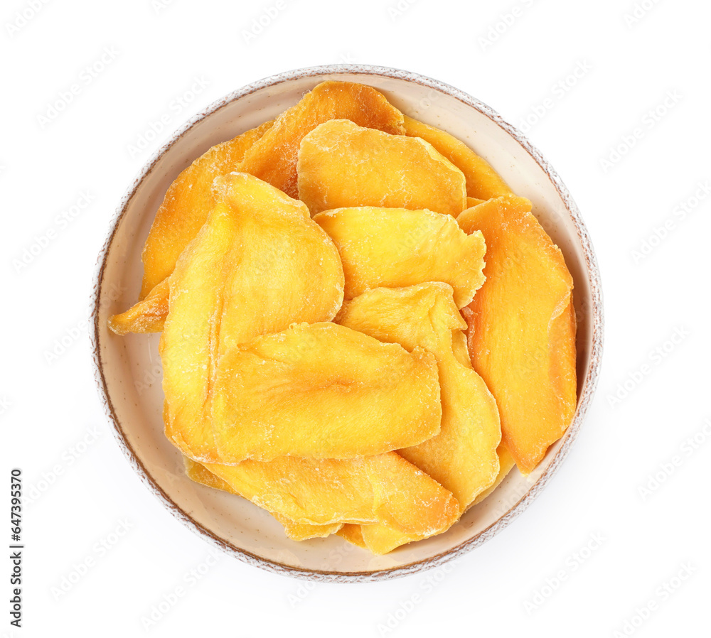 Bowl with slices of tasty dried mango on white background