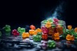 Colorful gummy bears and weed buds on a dark background, representing cannabis edibles and infused gummies. Generative AI