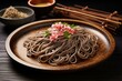 Chilled buckwheat noodles on bamboo plate. Generative AI