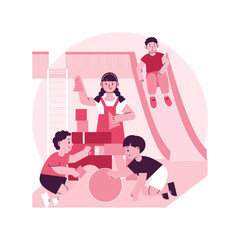 Poster - Child friendly area abstract concept vector illustration. Kid friendly area, welcome with children, family restaurant dining, entertainment service, shopping center playground abstract metaphor.