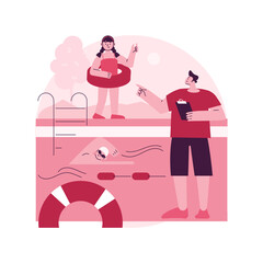 Poster - Swim camp abstract concept vector illustration. Swimming summer camp, open water training, swimmer course, young athlete, outdoor class, sport specialty program for kids abstract metaphor.