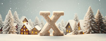 Capital Letter X Christmas Card With Christmas Decoration, Gold Snow Background, Logo