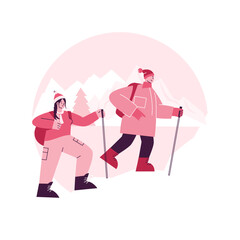 Poster - Winter hiking abstract concept vector illustration. Hiking experience, warm clothing, mountain lodge vacation, winter walking, outdoor activity, buy apparel online, destination abstract metaphor.