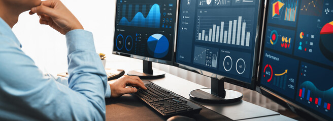 Poster - analyst working on data analysis or bi dashboard on computer monitor. businessman analyzing financia