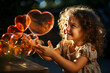 A cute little girl playing sweetly with heart-shaped soap bubbles. A tender scene symbolizing the infinite love of children.