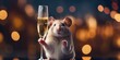 Mouse holding a glass of champagne, happy new years greetings card