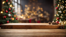 The Wooden Countertop From The Front Perspective, The Central Space Of The Picture Is Used For Ready To Mockup, The Background Is An Out-of-focus Christmas Setup & Decoration