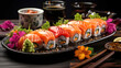 Assorted sushi nigiri and maki set on a platter. A variety of Japanese sushi with tuna, salmon, eel on a dark background