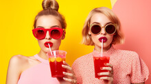 Group Of Young Women In Pink And Pink Clothes With Glasses Of Different Drink On Pink Background