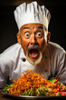 Captivating middle-aged chef with wide, surprised eyes against a neutral backdrop - portrays eccentricity and creativity, while evoking humor and surprise.