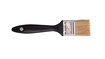 One brush for painting. New, clean, with black handle. Isolated on transparent background. PNG