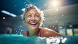 Portrait Active senior woman enjoying aquafit class in pool. Embodying healthy, retirement lifestyle. Close-up. Banner.