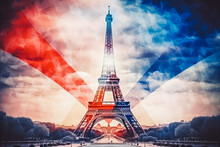 Tour Eiffel Tower At Sunset With France Flag Double Exposure