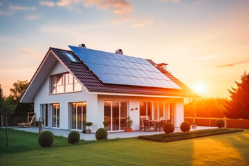 Solar panels on large family house with sunset light in the background