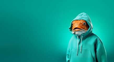 Wall Mural - Surreal looking illustration of fish wearing sport sweatshirt hoodie. Wide banner with copy space on side. Generative AI