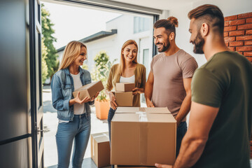 Friends help packing house while moving, people moving out boxes from house for renovation