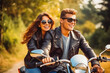 © VisualProduction - Young attractive couple smiling and posing on motor bike,ready for fun ride on sunny day