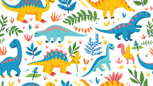 Cute Dinosaurs And Tropical Plants, Childrens Colorful Print On Fabric, Postcards. Vector Seamless Pattern On White Background