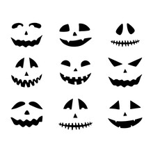 Flat Vector Cartoon Halloween Set Of Funny Scary Pumpkin Or Ghost Faces. Isolated Design On A White Background.