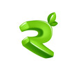 Letter R logo 3D render in cartoon cubic style with green leaves. Eco-friendly vector illustration. Impossible isometric shapes. Perfect for nature banner, healthy food labels, garden, and grass adv.