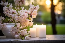 Lit Candles And Pink Flowers In A White Vase On A Stone Surface.