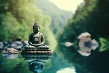 A Statue Of Buddha Sits On A Lotus Flower In A Peaceful Forest Setting With A Reflective Pond.